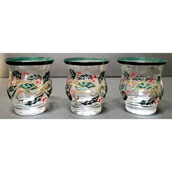 VTG Lenox Holiday Spirit Trio Votives (3) NWT Glass Holly Berry Green Red Signed - Picture 3 of 7